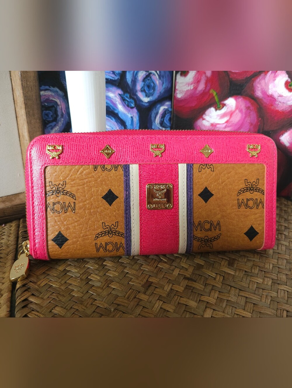 MCM Cognac & Pink Visetos Striped Studded Zip Around Wallet - Excellent/Like New